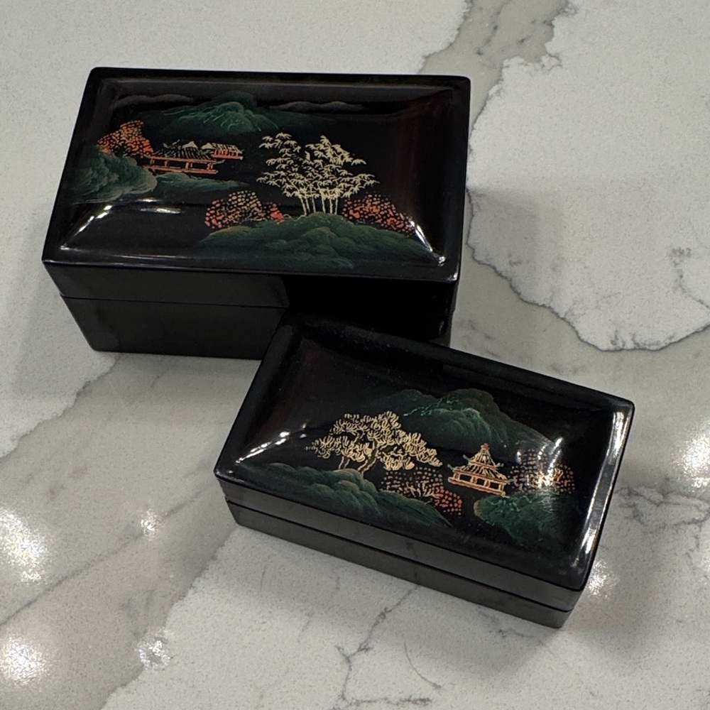 Set of 2 Black Lacquered Asian Nesting Boxes